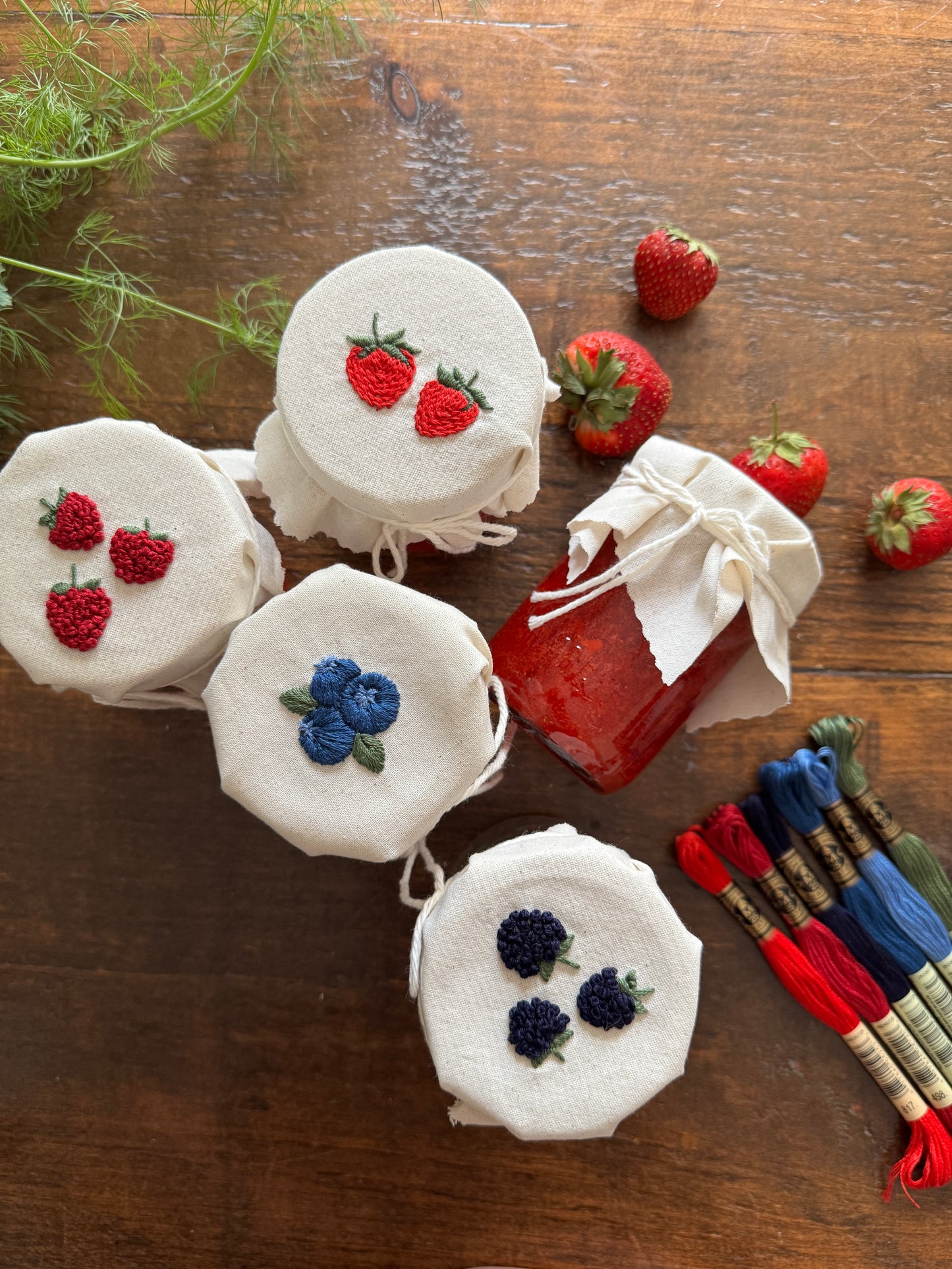 Embroidery Kit - Raspberry & Blackberry Jam Jar Covers