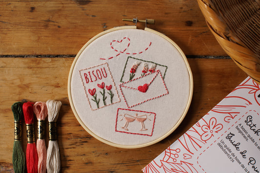 Valentine's Cards embroidery pattern by Twin Folk – beginner-friendly love letters embroidery project with pre-printed fabric and DMC floss.