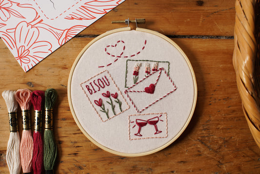 Valentine's Cards embroidery pattern by Twin Folk – beginner-friendly love letters embroidery project with pre-printed fabric and DMC floss.