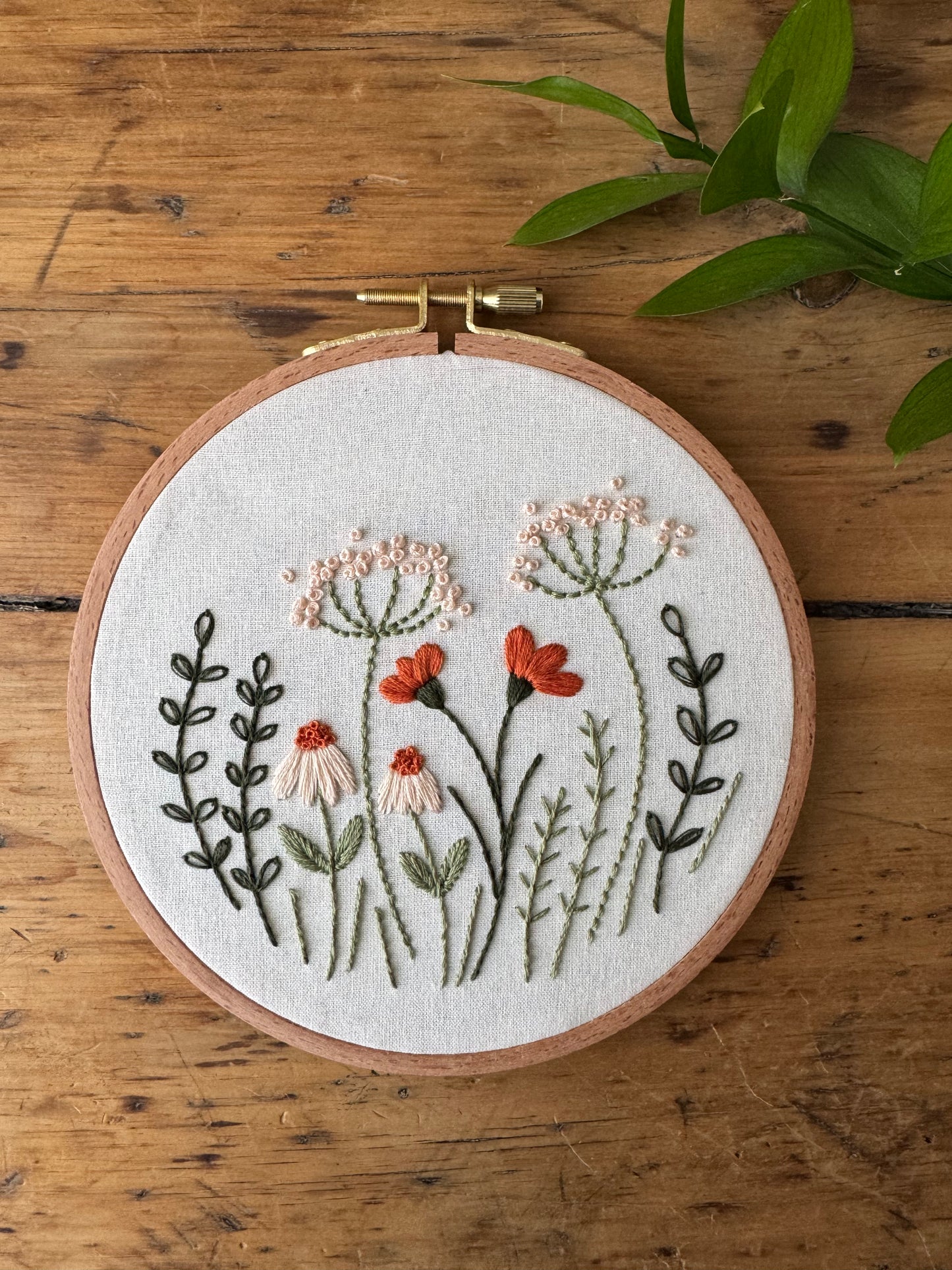 Wildflower embroidery pattern by Twin Folk – beginner-friendly floral embroidery project with pre-printed fabric and DMC floss.