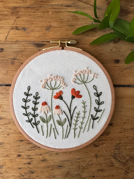 Wildflower embroidery pattern by Twin Folk – beginner-friendly floral embroidery project with pre-printed fabric and DMC floss.